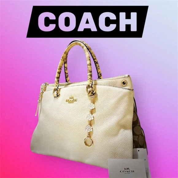 Coach shoulder bag Cream Leather Satchel with Signature Trim and Gold Hardware - Picture 3 of 17